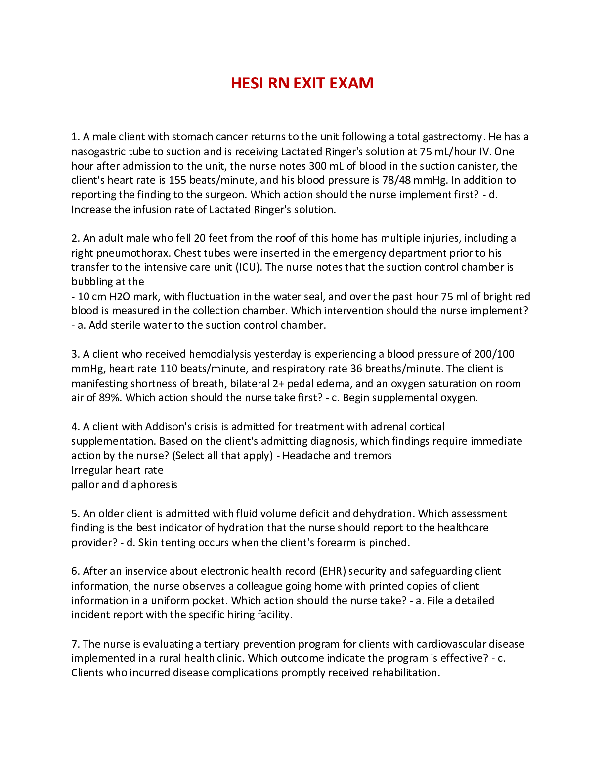 Preview image for HESI RN EXIT/FINAL EXAM 2021 -150 Questions and Answers